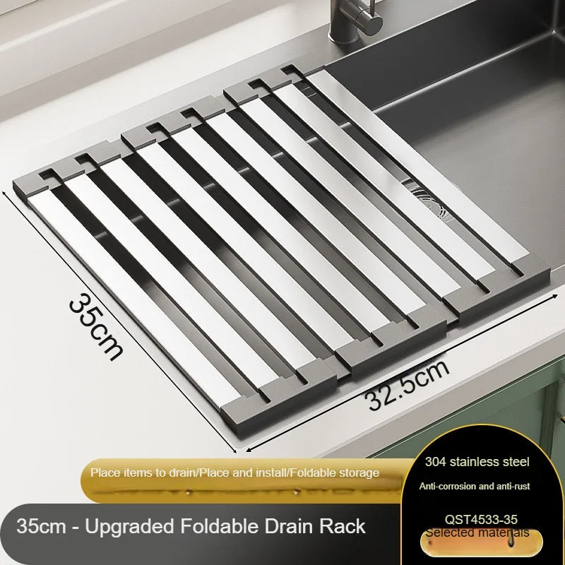 Étagère à vaisselle pliable en inox — rangement évier cuisine