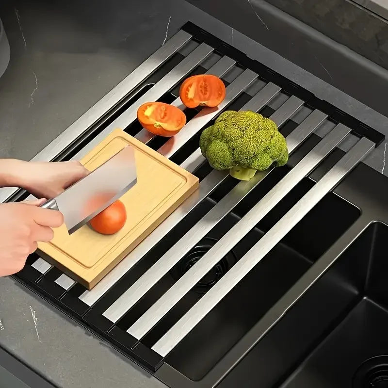 Étagère à vaisselle pliable en inox — rangement évier cuisine