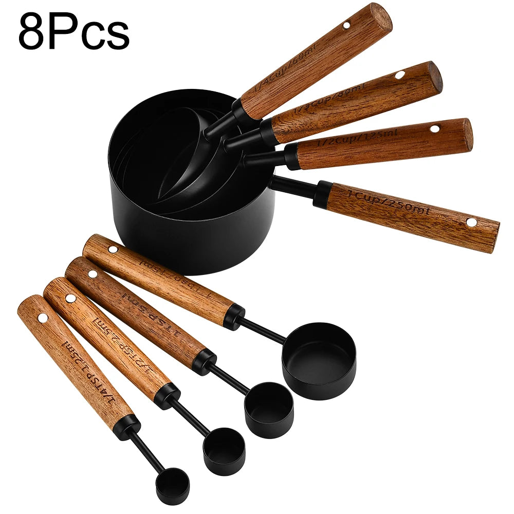 Tasses et Cuillères Doseuses en Inox avec Manche en Bois – Set de Mesure pour Pâtisserie, Café et Cocktails