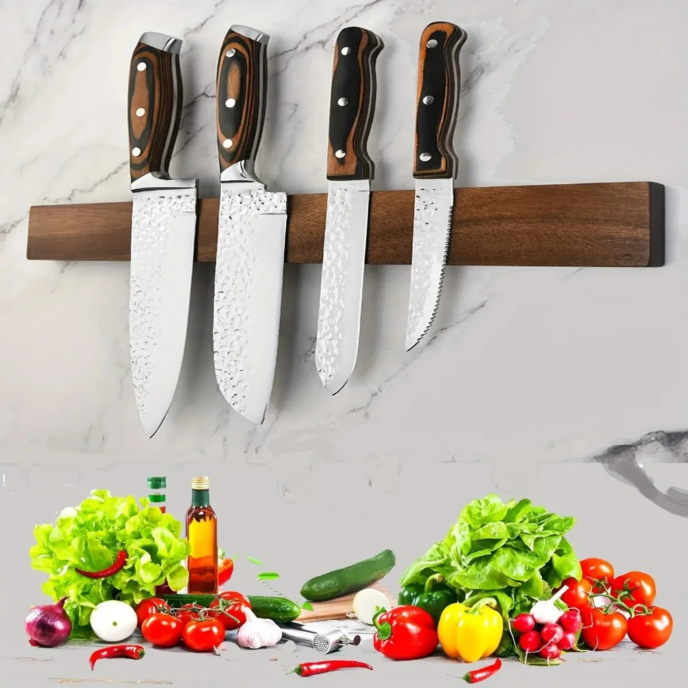 Porte-Couteaux Magnétique en Bois de Noyer — Bande 40cm, Sans Perçage