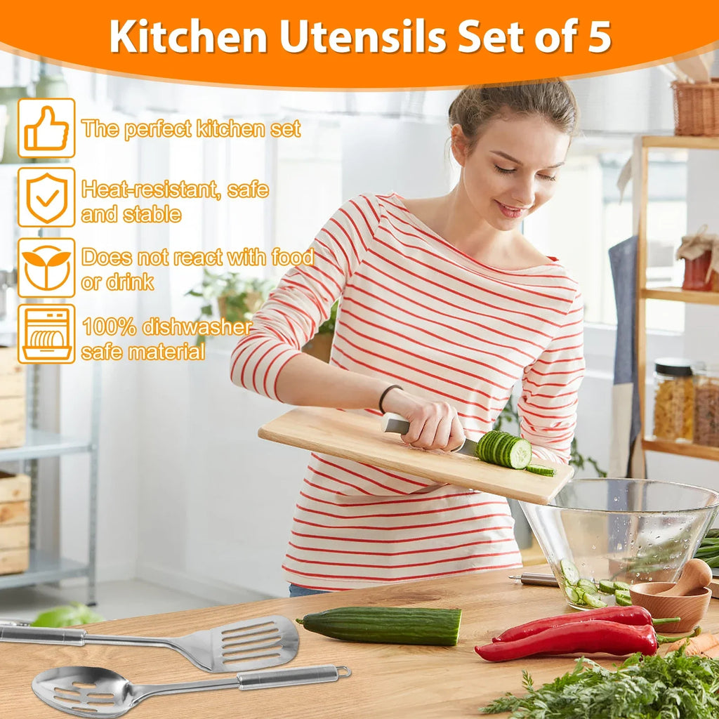 Set de 5 Ustensiles de Cuisine en Inox – Louche, Spatule, Cuillères | BestConfort