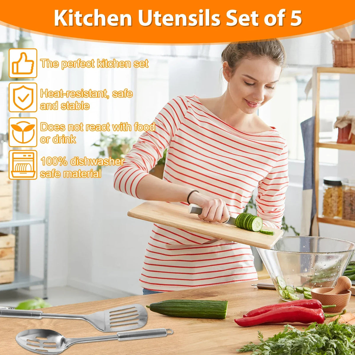Set de 5 Ustensiles de Cuisine en Inox – Louche, Spatule, Cuillères | BestConfort
