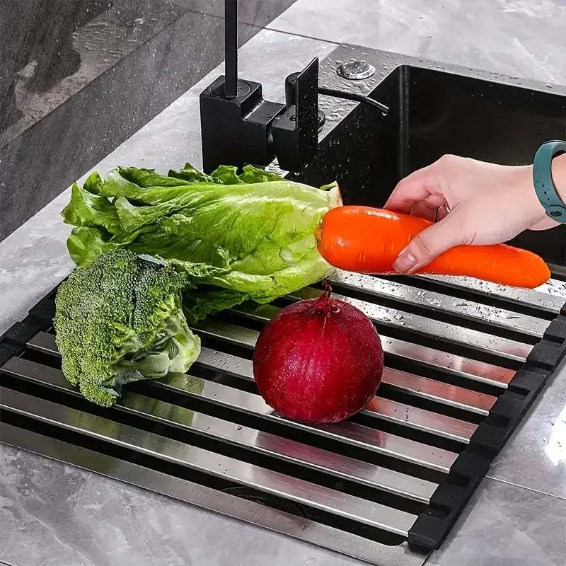 Étagère à vaisselle pliable en inox — rangement évier cuisine