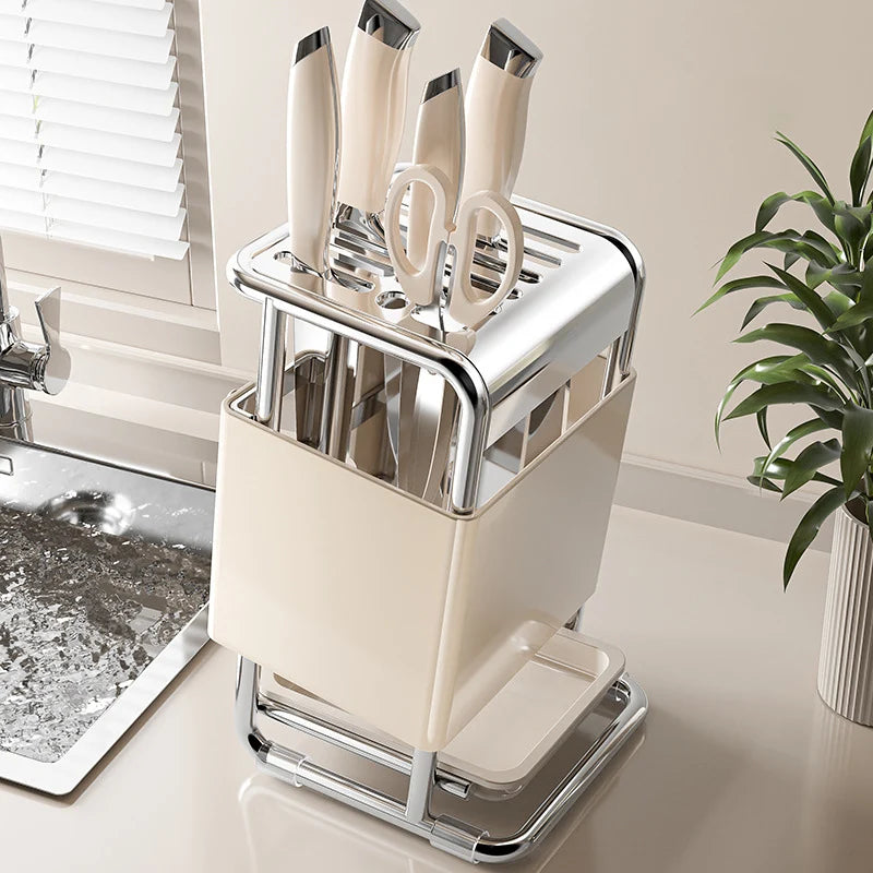 Porte-Couteaux en Acier Inoxydable avec Fentes pour Ciseaux et Baguette d'Affûtage