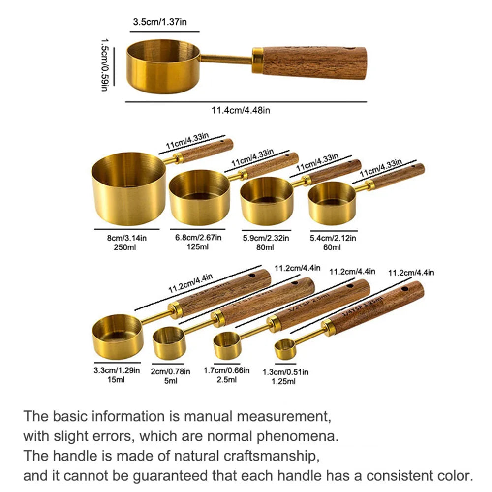 Tasses et Cuillères Doseuses en Inox avec Manche en Bois – Set de Mesure pour Pâtisserie, Café et Cocktails