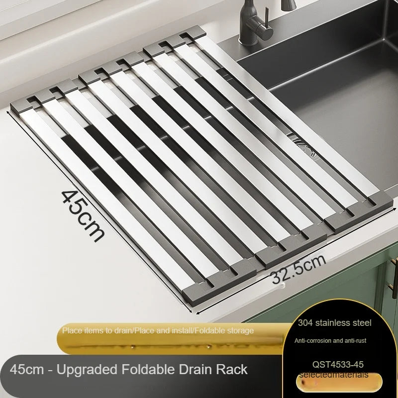 Étagère à vaisselle pliable en inox — rangement évier cuisine