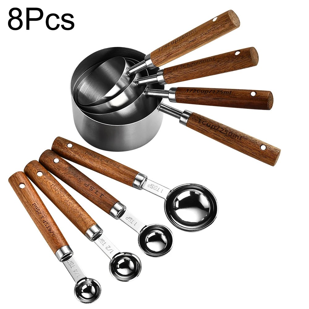 Tasses et Cuillères Doseuses en Inox avec Manche en Bois – Set de Mesure pour Pâtisserie, Café et Cocktails