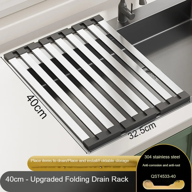 Étagère à vaisselle pliable en inox — rangement évier cuisine