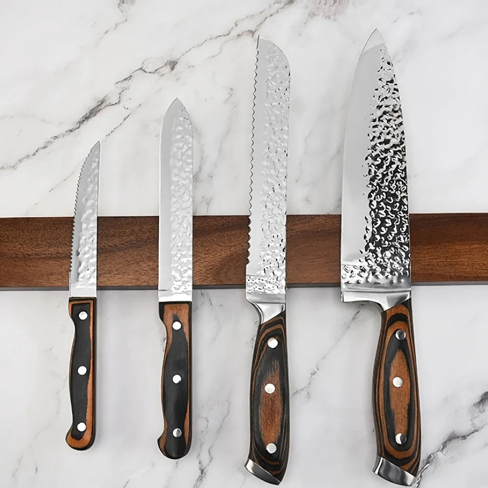 Porte-Couteaux Magnétique en Bois de Noyer — Bande 40cm, Sans Perçage