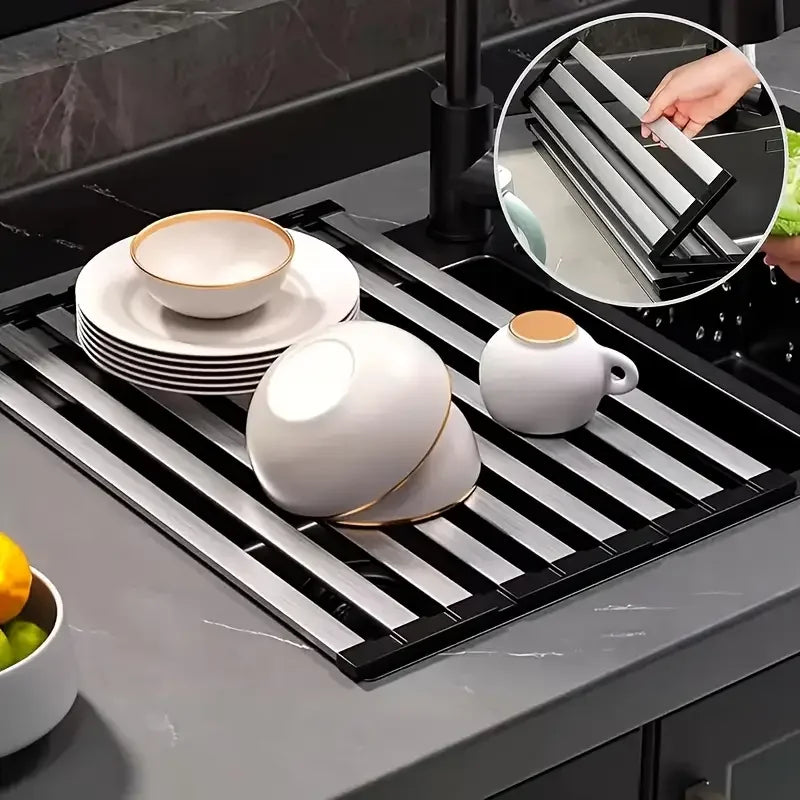 Étagère à vaisselle pliable en inox — rangement évier cuisine