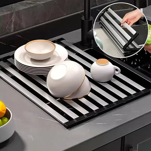 Étagère à vaisselle pliable en inox — rangement évier cuisine