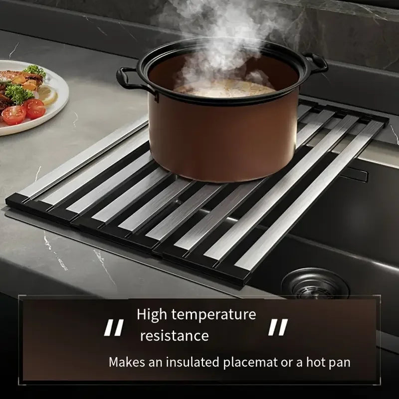 Étagère à vaisselle pliable en inox — rangement évier cuisine