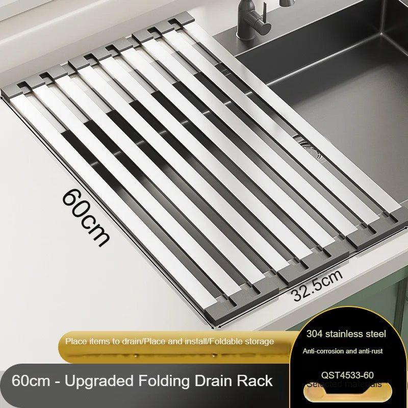 Étagère à vaisselle pliable en inox — rangement évier cuisine