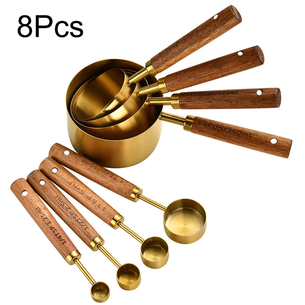 Tasses et Cuillères Doseuses en Inox avec Manche en Bois – Set de Mesure pour Pâtisserie, Café et Cocktails
