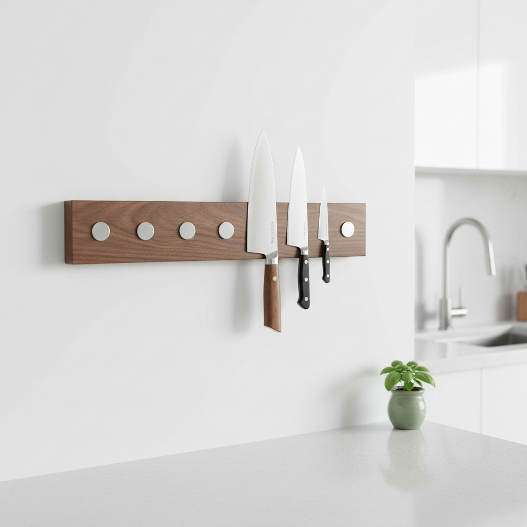 Porte-couteaux magnétique en bois de noyer monté au mur